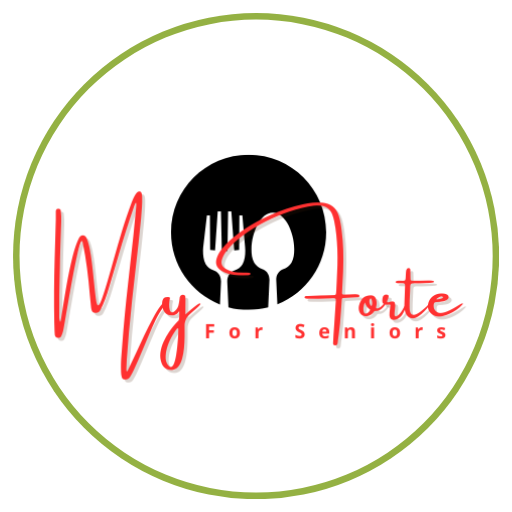 Logo Logo featuring a fork and spoon with the text "My Forte For Seniors" in red and black.